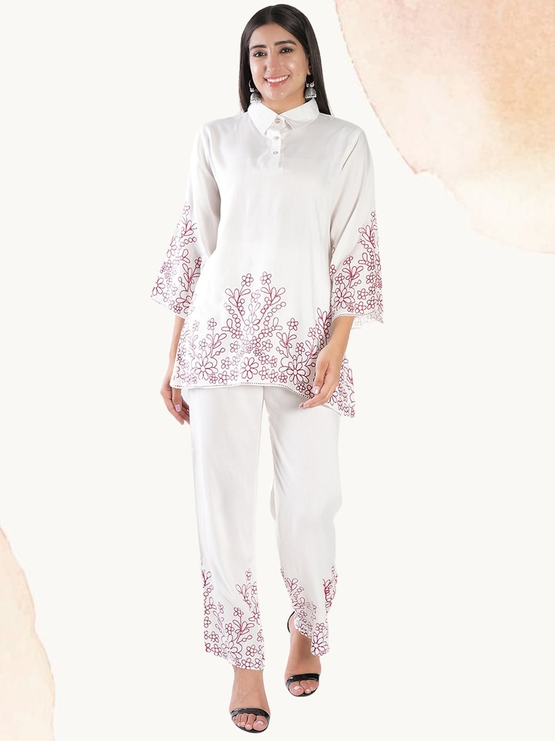 

BAESD Floral Printed Shirt Collar Tunic & Palazzo, White