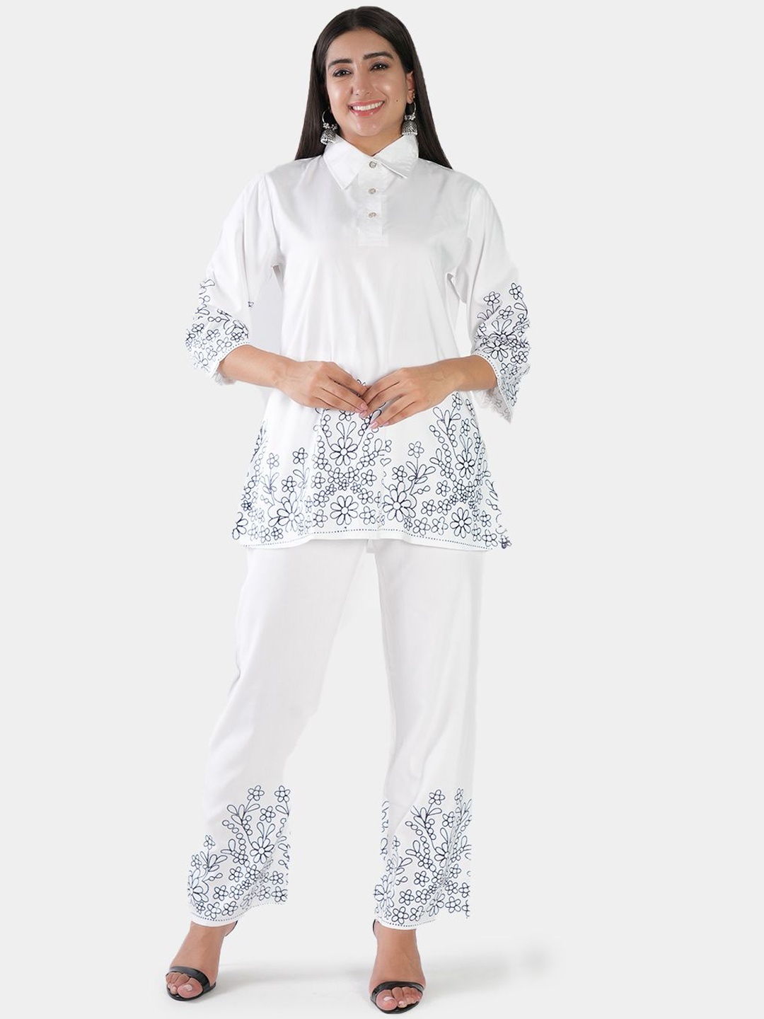 

BAESD Floral Printed Shirt Collar Top With Trousers, Blue