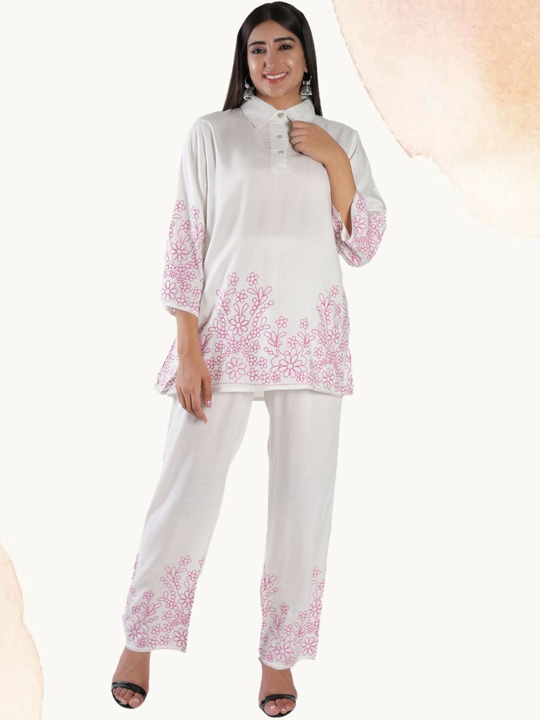 

BAESD Floral Printed Sleeve Shirt Collar Tunics & Trouser, Pink