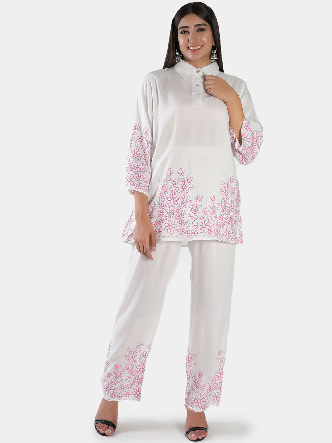 

BAESD Floral Printed Shirt Collar Tunic & Trousers, White