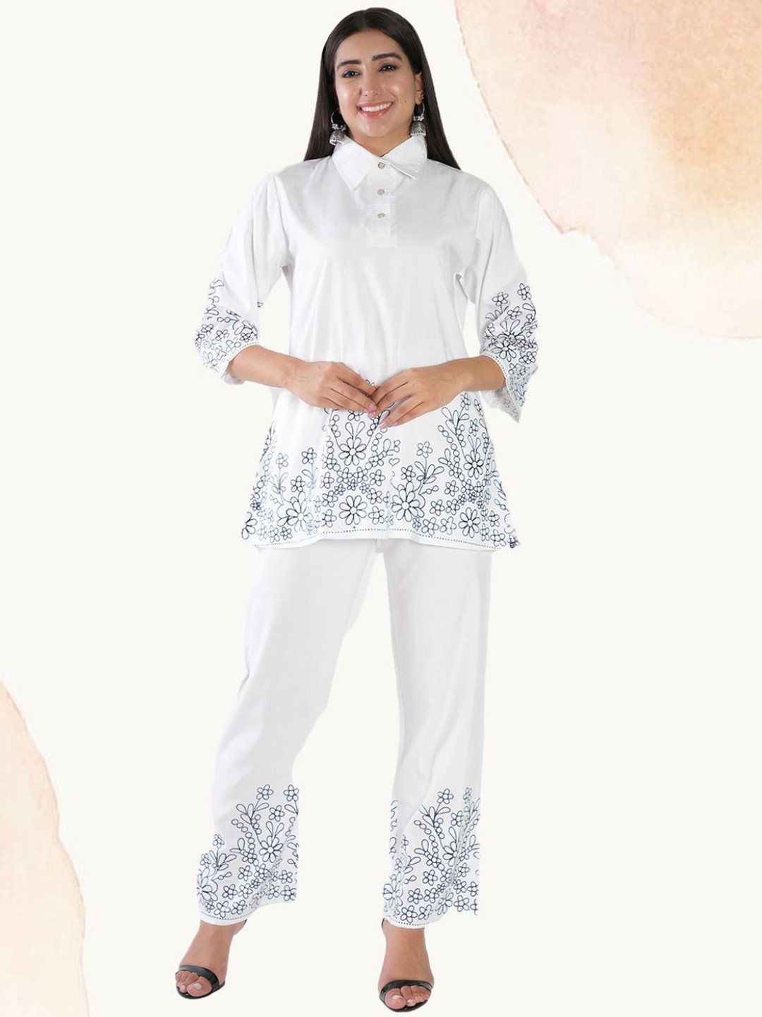 

BAESD Floral Printed Shirt Collar Tunic & Trousers, White