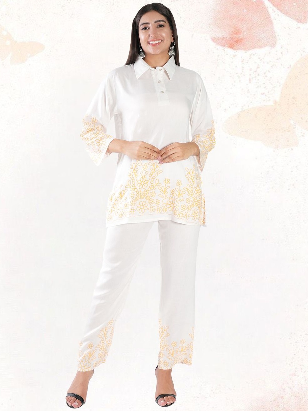 

BAESD Floral Printed Shirt Collar Kurti With Flared Palazzos, Yellow