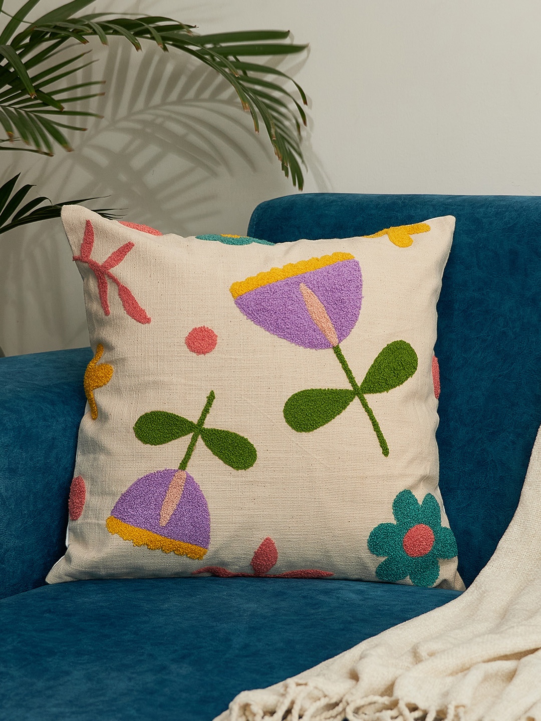 

NURTURE INDIA Beige & Purple Floral Embroidered Cotton Square Cushion Cover