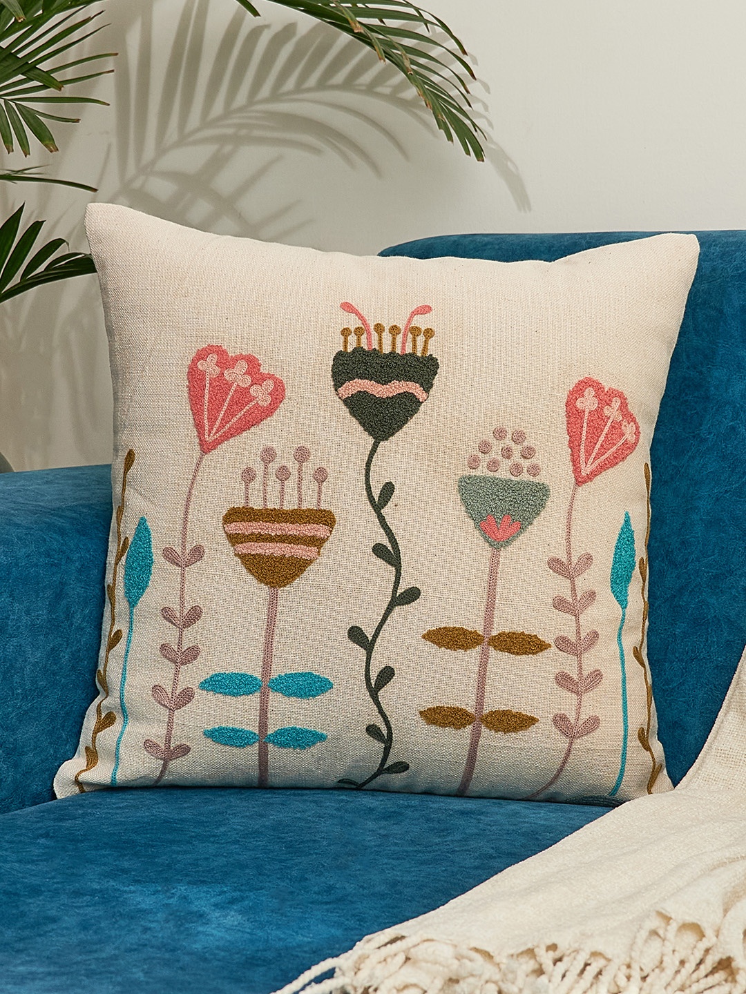 

NURTURE INDIA White & Pink Abstract Embroidered Cotton Square Cushion Cover