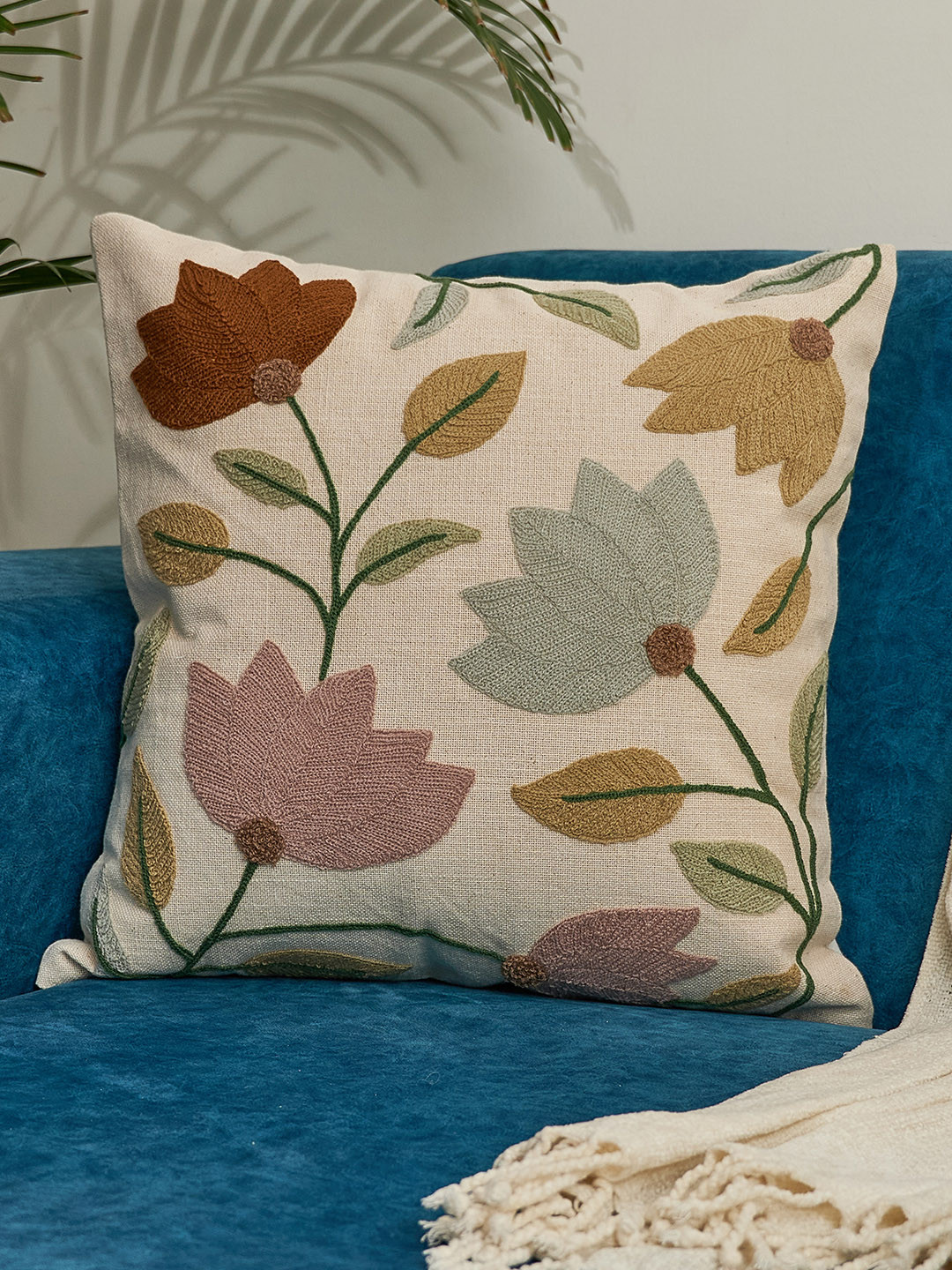 

NURTURE INDIA White & Beige Floral Embroidered Cotton Square Cushion Cover