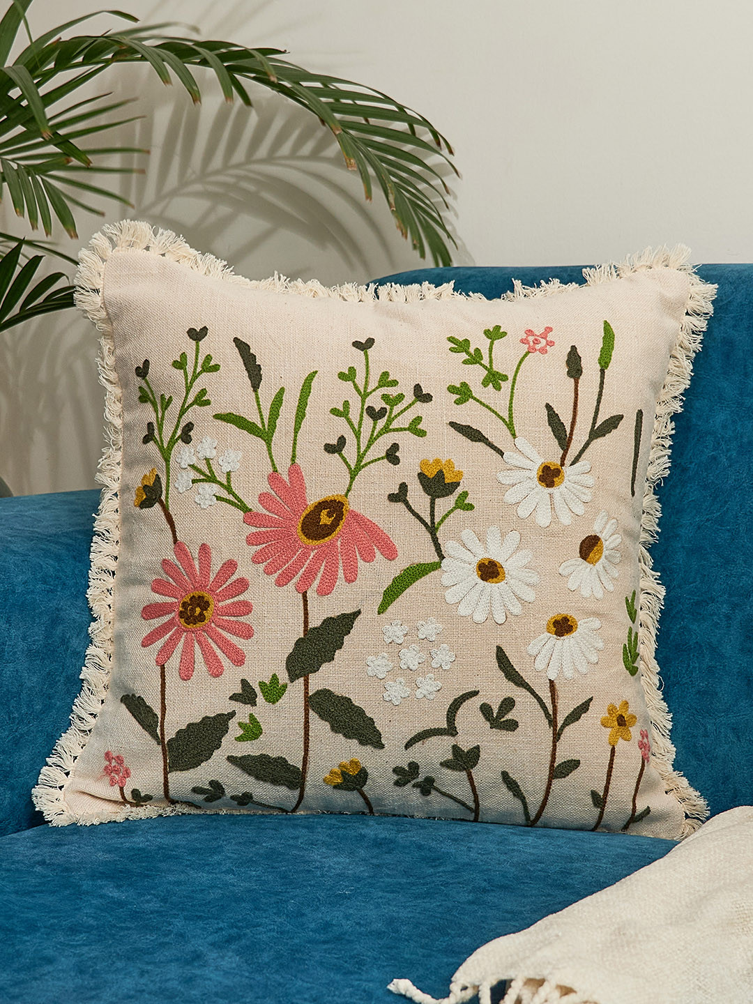

NURTURE INDIA Pink & Cream Floral Embroidered Cotton Square Cushion Cover