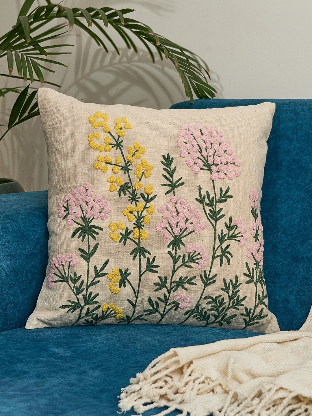 

NURTURE INDIA Pink & Green Floral Embroidered Cotton Square Cushion Cover
