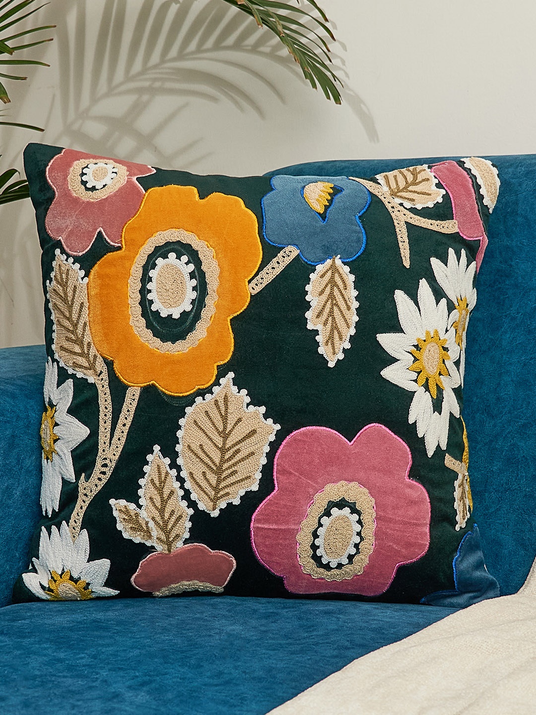

NURTURE INDIA Black & Pink Floral Embroidered Cotton Square Cushion Cover