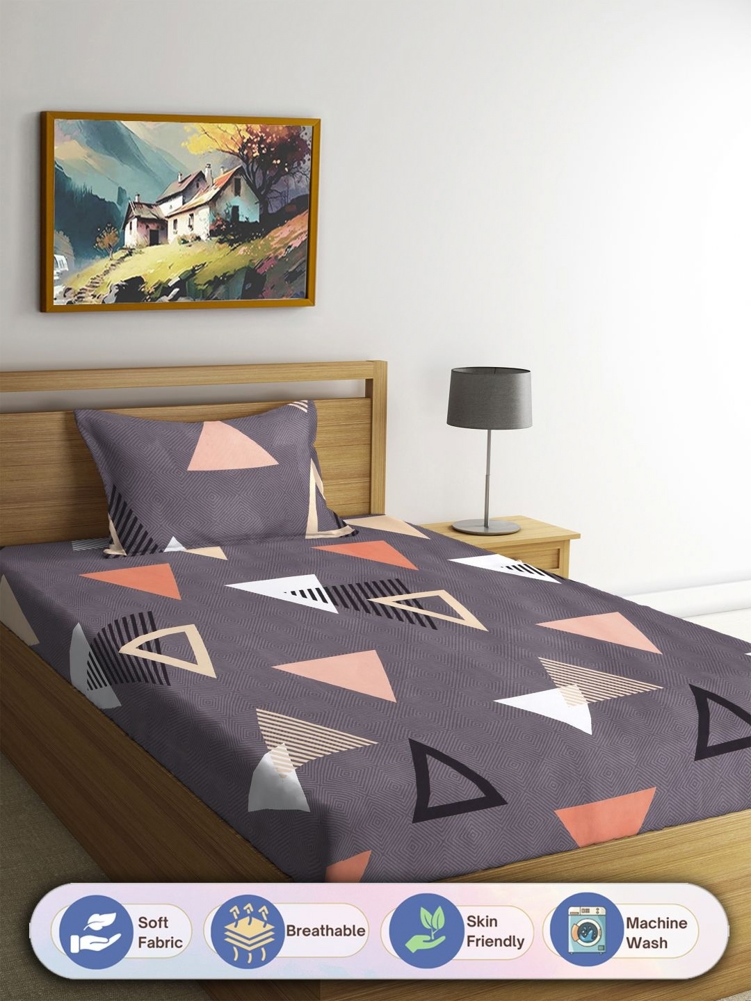 

FABINALIV Grey & Pink Geometric Printed 300 TC Single Bedsheet With 1 Pillow Cover