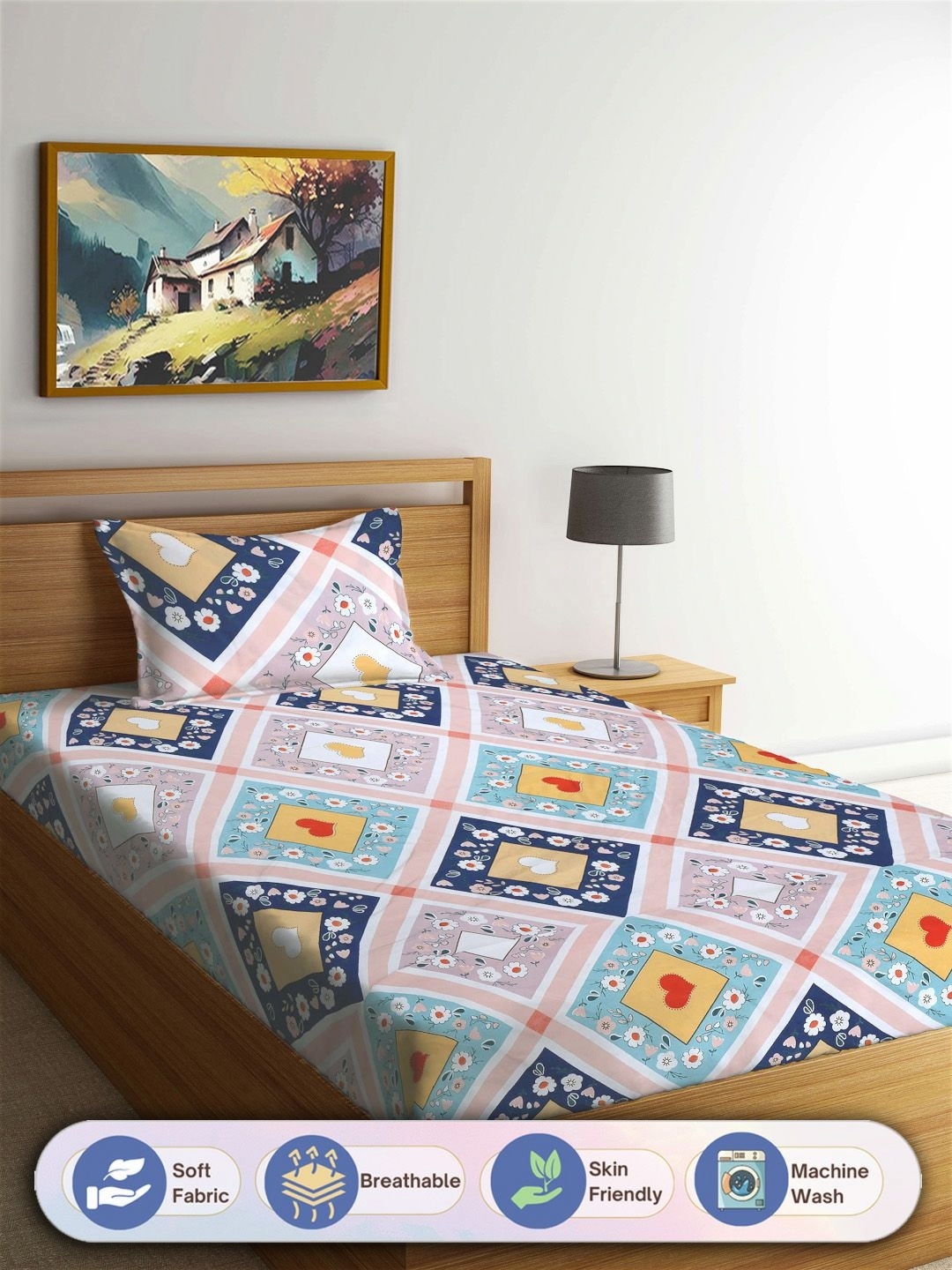 FABINALIV Blue & Peach-Coloured Geometric 300 TC Single Bedsheet with 1 Pillow Cover