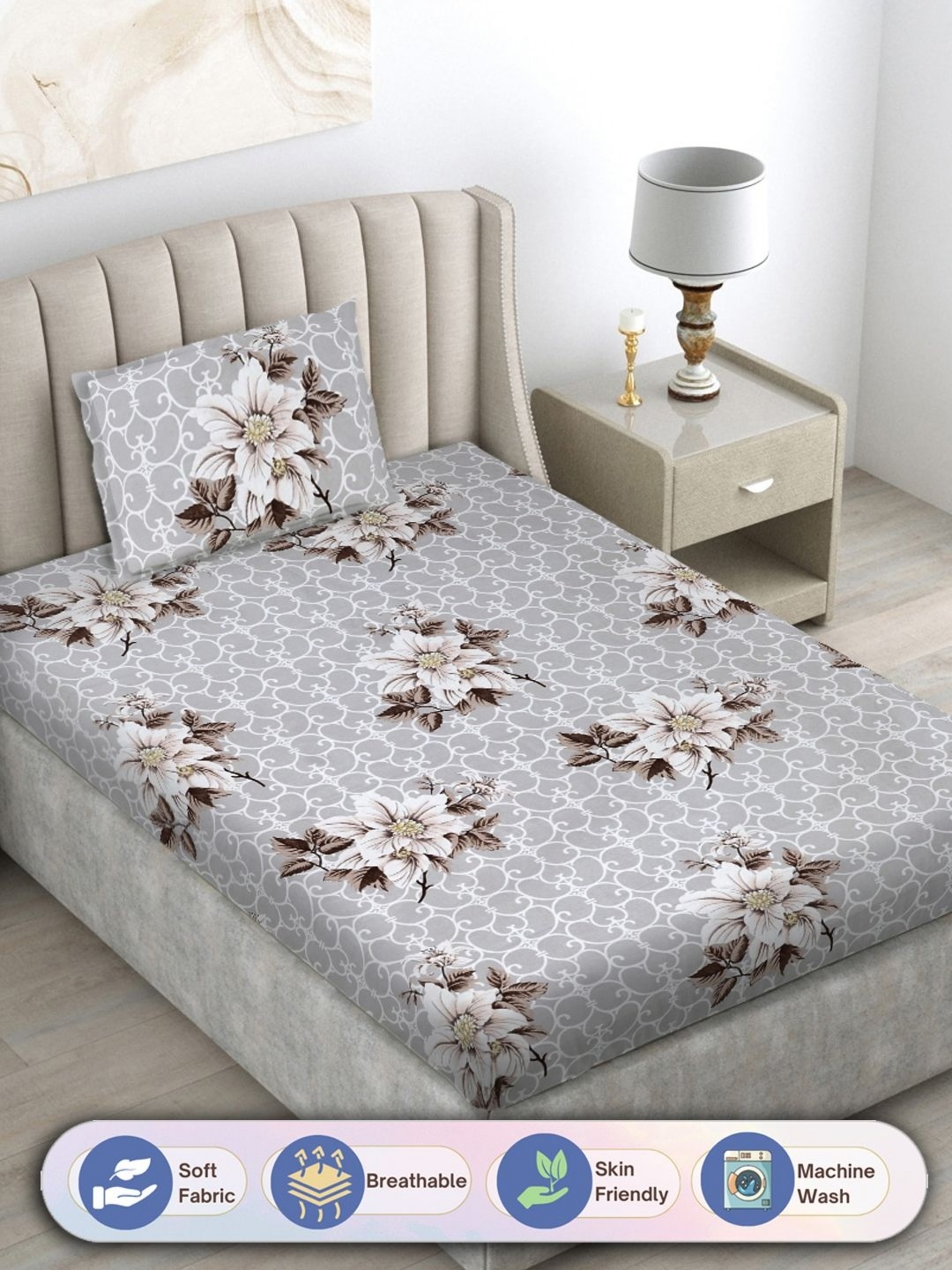 

FABINALIV Grey & White Floral Printed 300 TC Single Bedsheet With 1 Pillow Cover