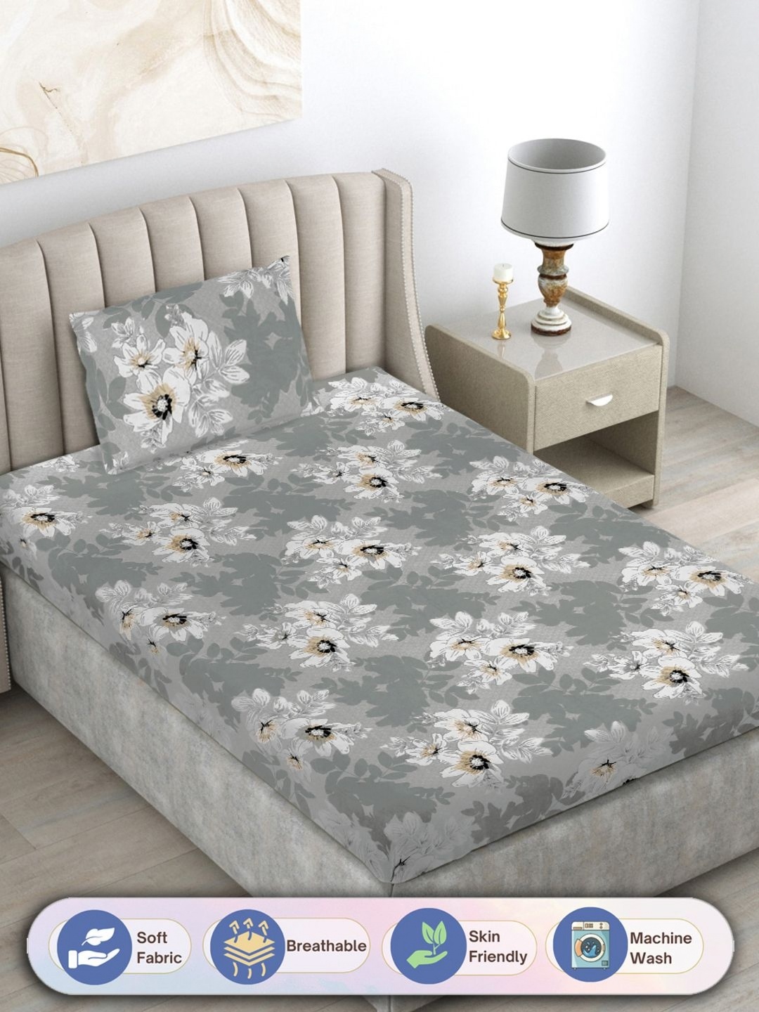 

FABINALIV Grey & White Floral Printed 300 TC Single Bedsheet With 1 Pillow Cover
