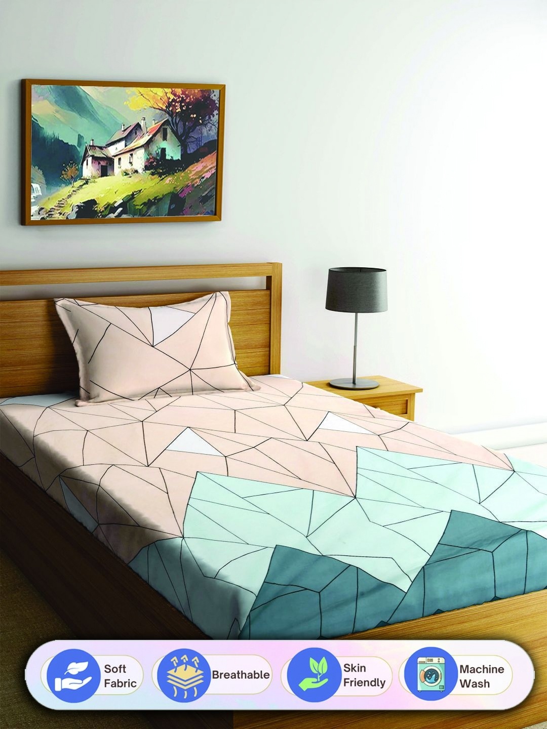 

FABINALIV Peach & Blue Geometric Printed 300 TC Single Bedsheet With 1 Pillow Cover