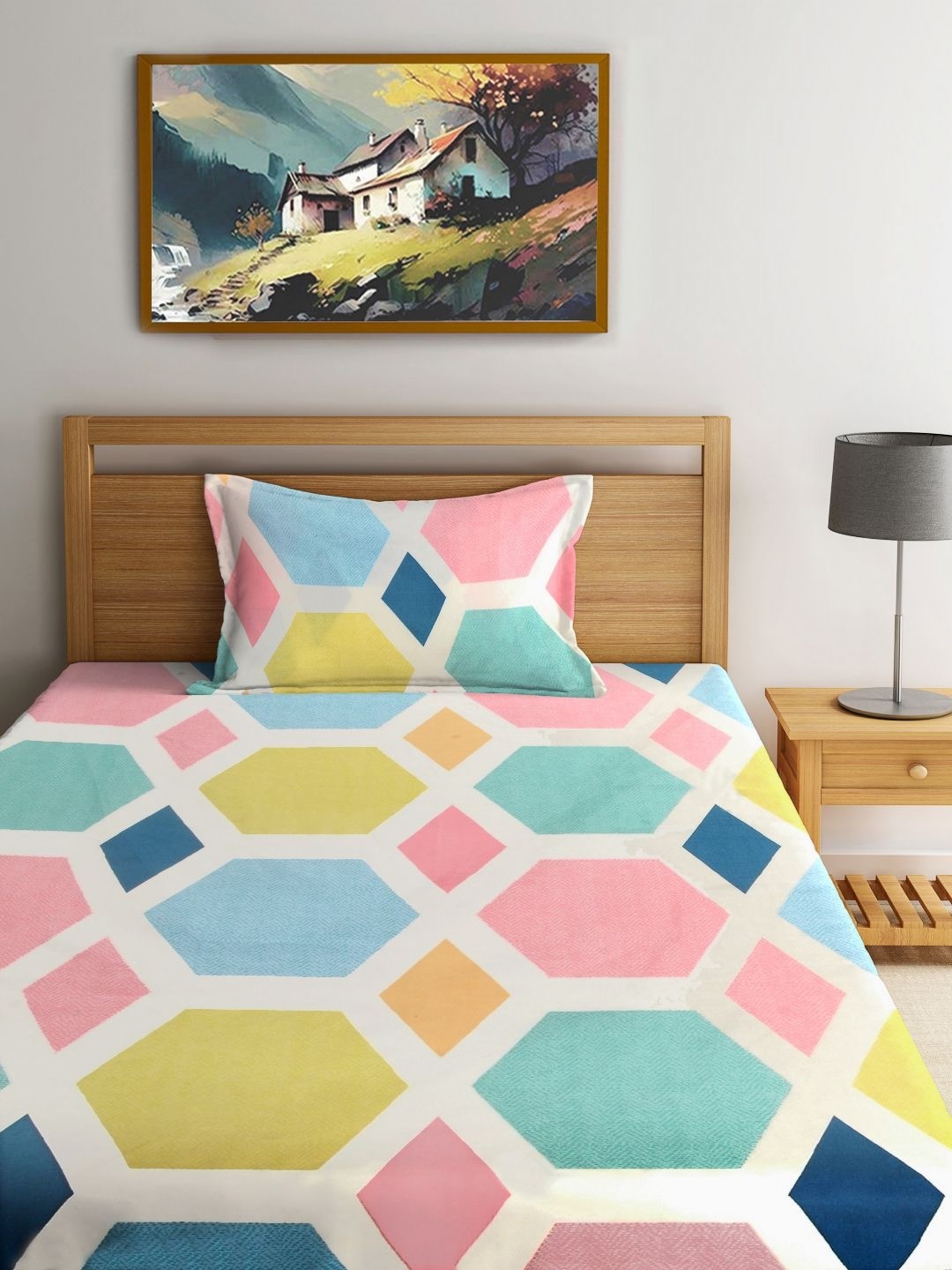 

FABINALIV White & Yellow Geometric Printed 300 TC Single Bedsheet With 1 Pillow Cover