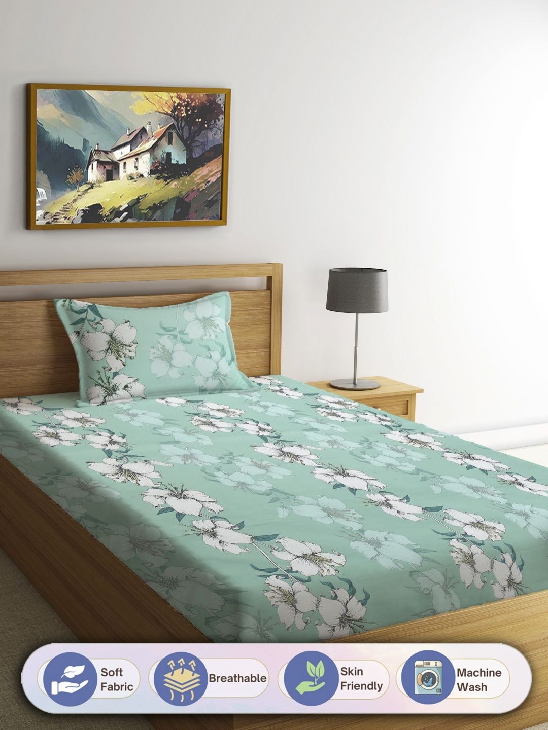 

FABINALIV Green & Grey Floral 300 TC Single Bedsheet With 1 Pillow Cover