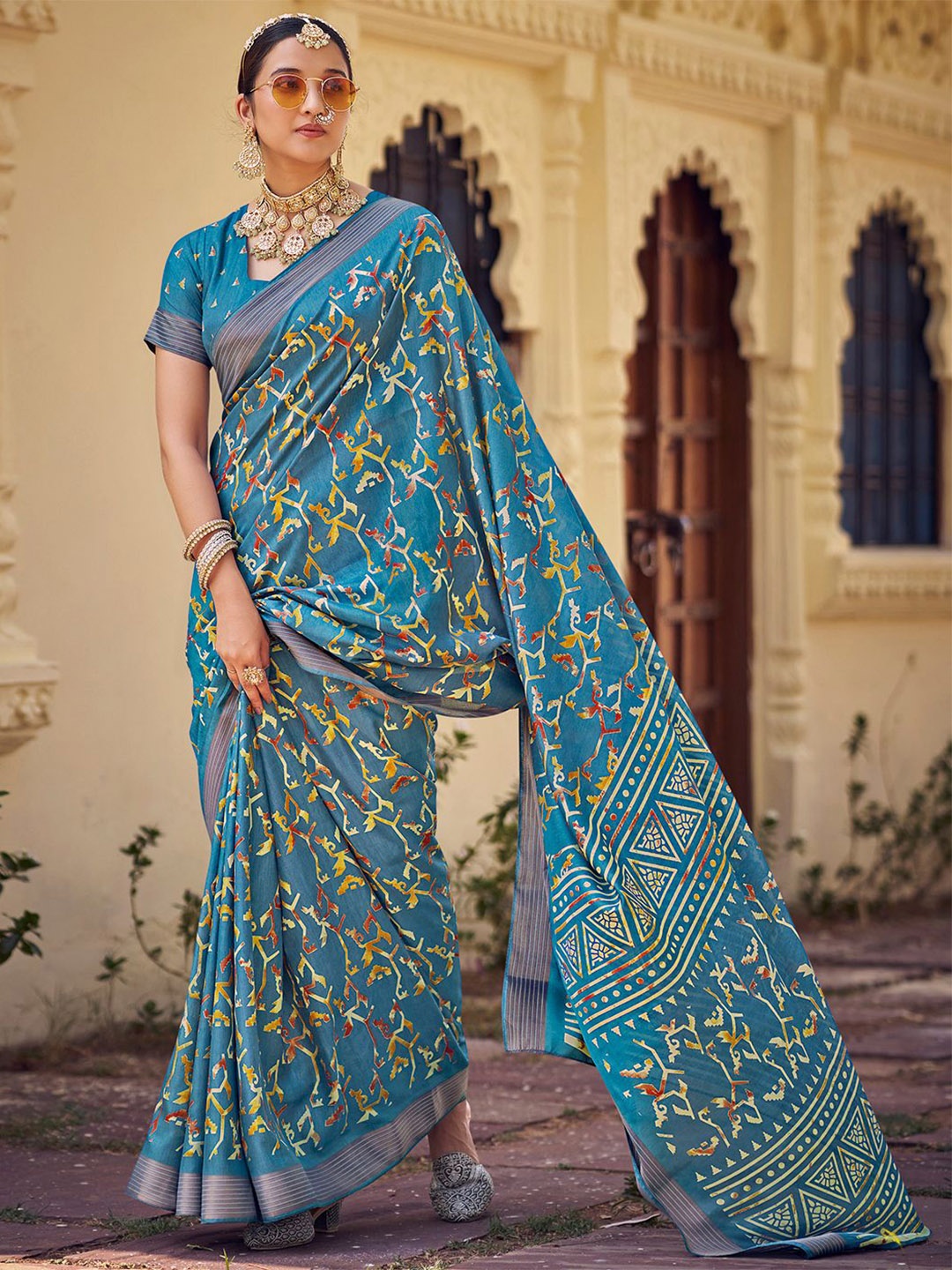 

SANSKAR Batik Zari Silk Cotton Saree, Turquoise blue