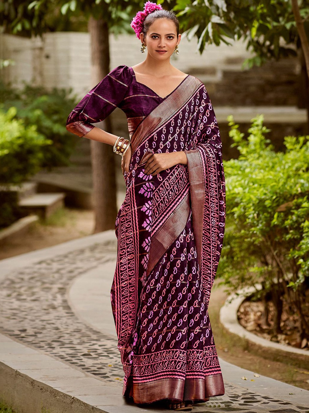 

SANSKAR Batik Zari Silk Cotton Saree, Purple