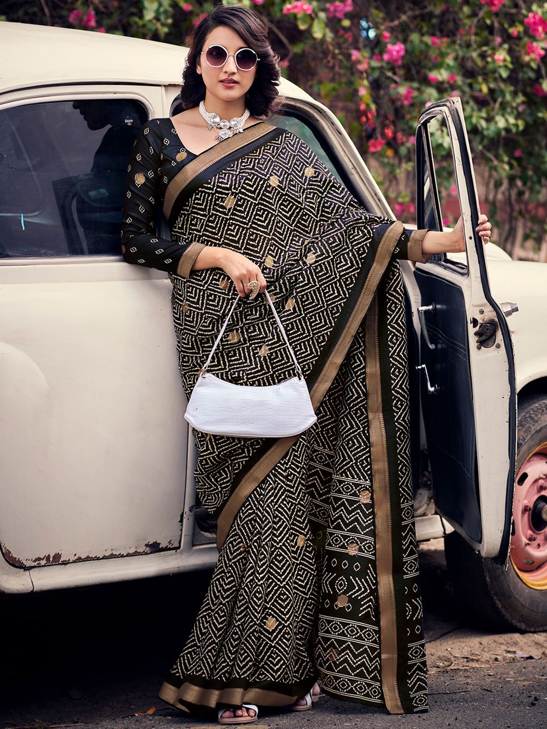 

SANSKAR Batik Zari Silk Cotton Saree, Black