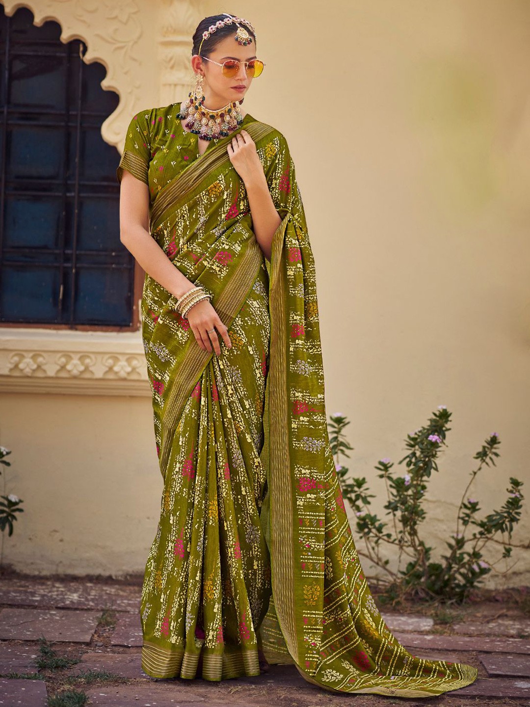 

SANSKAR Ethnic Motifs Zari Silk Cotton Saree, Green
