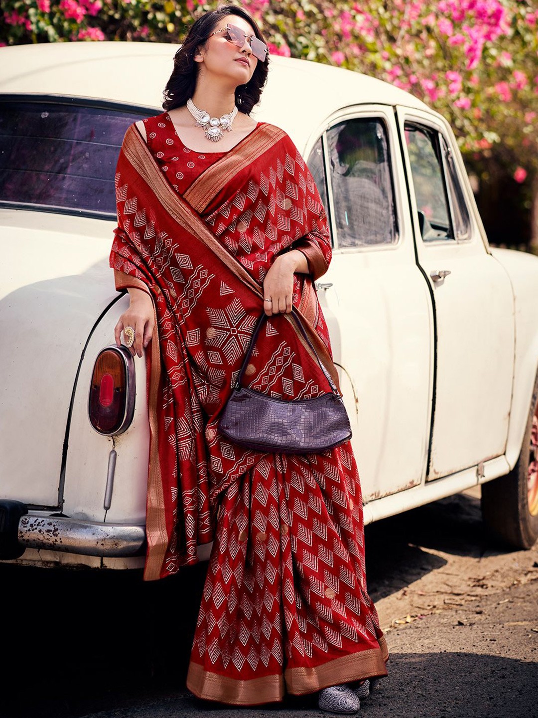 

SANSKAR Ethnic Motifs Zari Silk Cotton Saree, Red