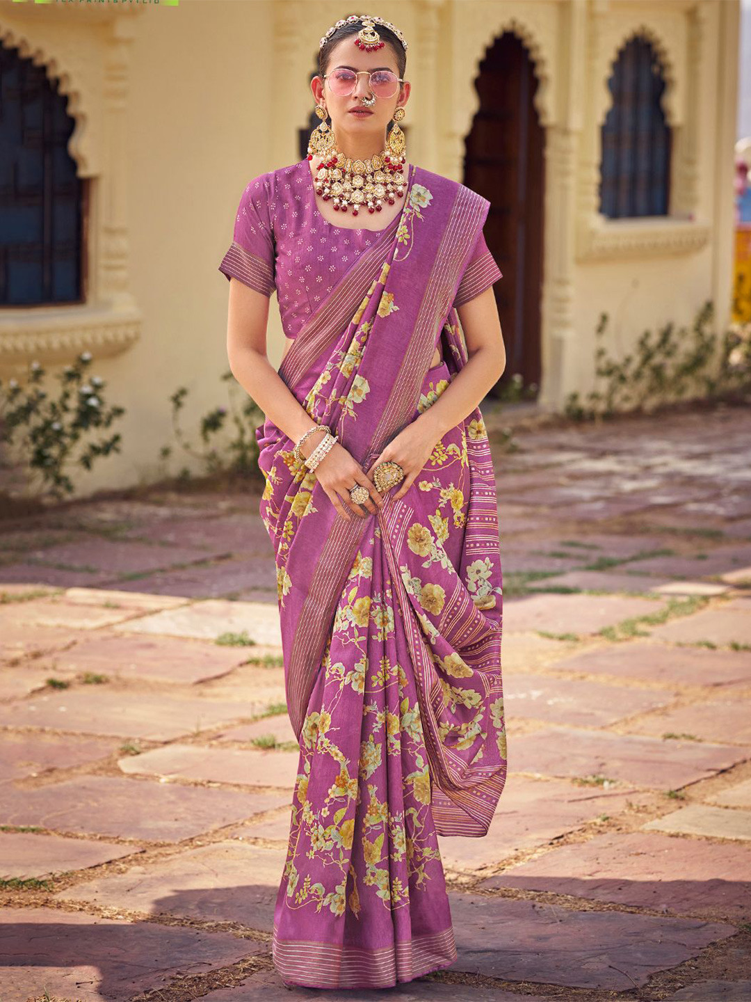 

SANSKAR Floral Zari Silk Cotton Saree, Lavender