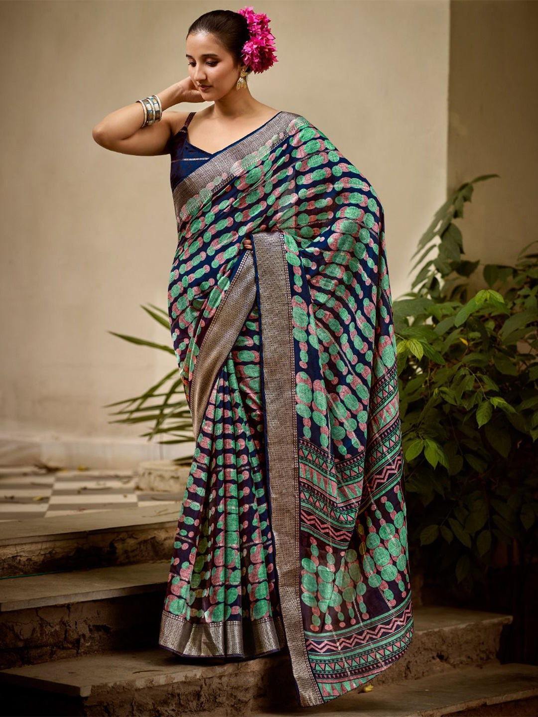 

SANSKAR Ethnic Motifs Zari Silk Cotton Saree, Blue