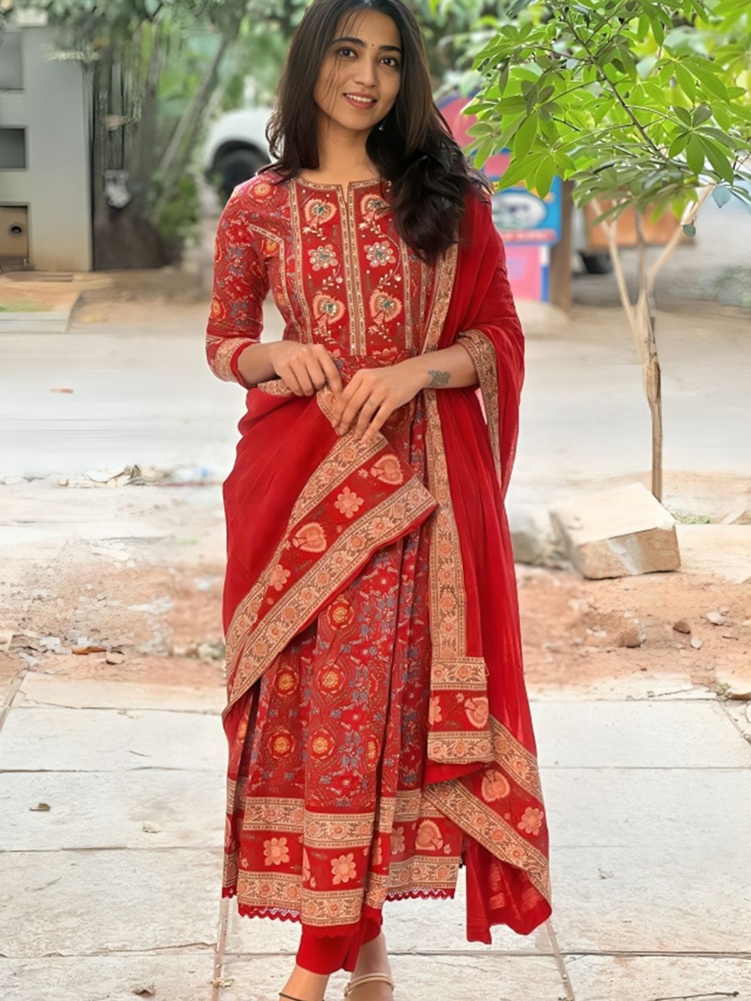 

KALINI Floral Printed Sequinned Pure Cotton Anarkali Kurta With Trousers & Dupatta, Maroon