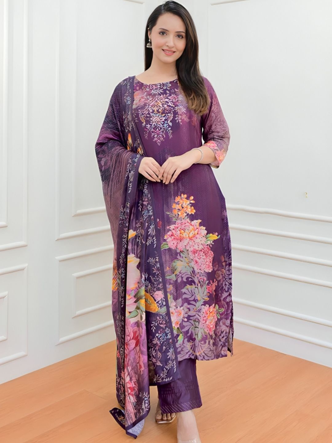 

KALINI Floral Printed Round Neck Regular Kurta ,Trousers & Dupatta, Purple