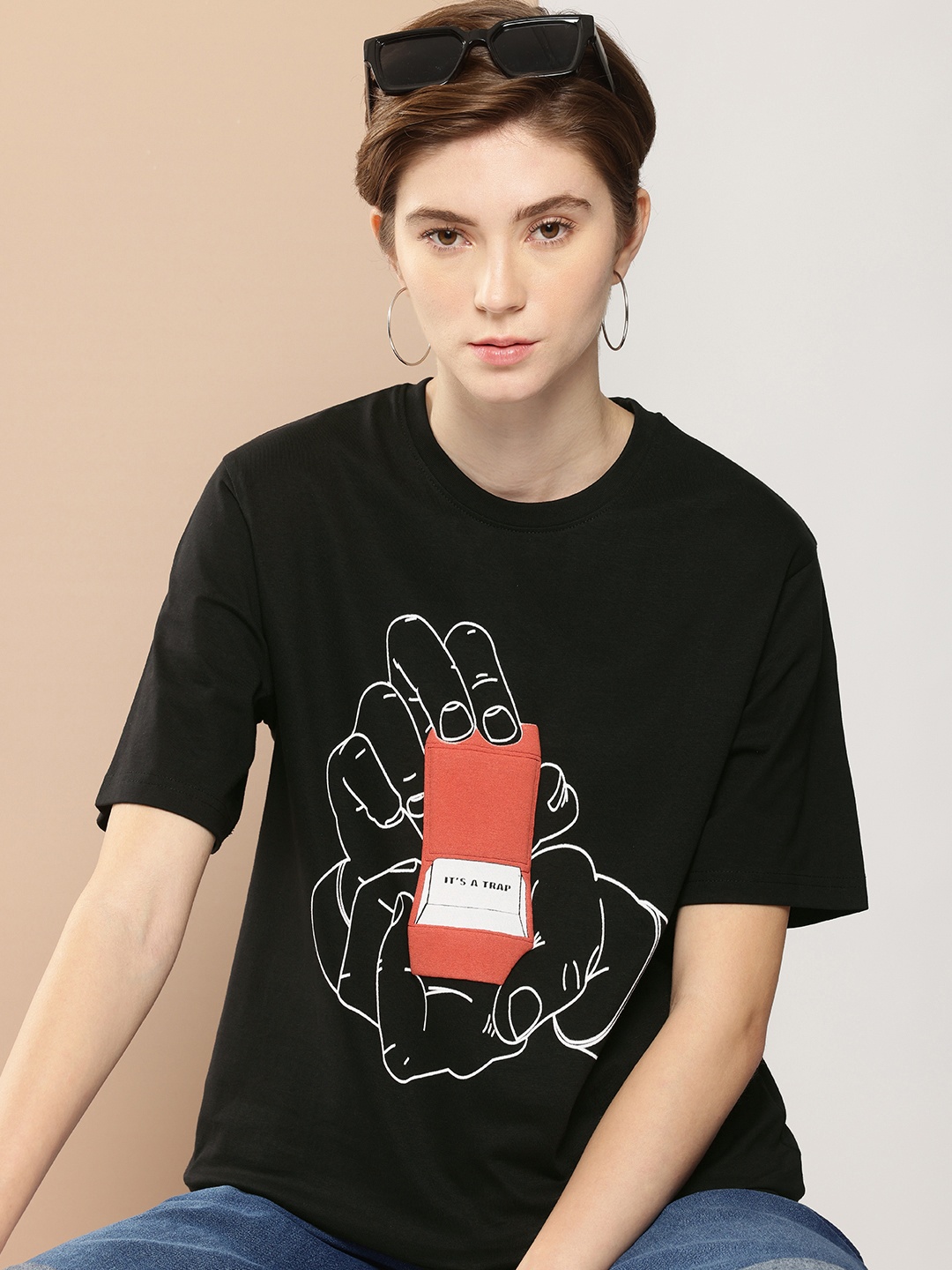 

Difference of Opinion Printed Applique Oversized Pure Cotton T-shirt, Black