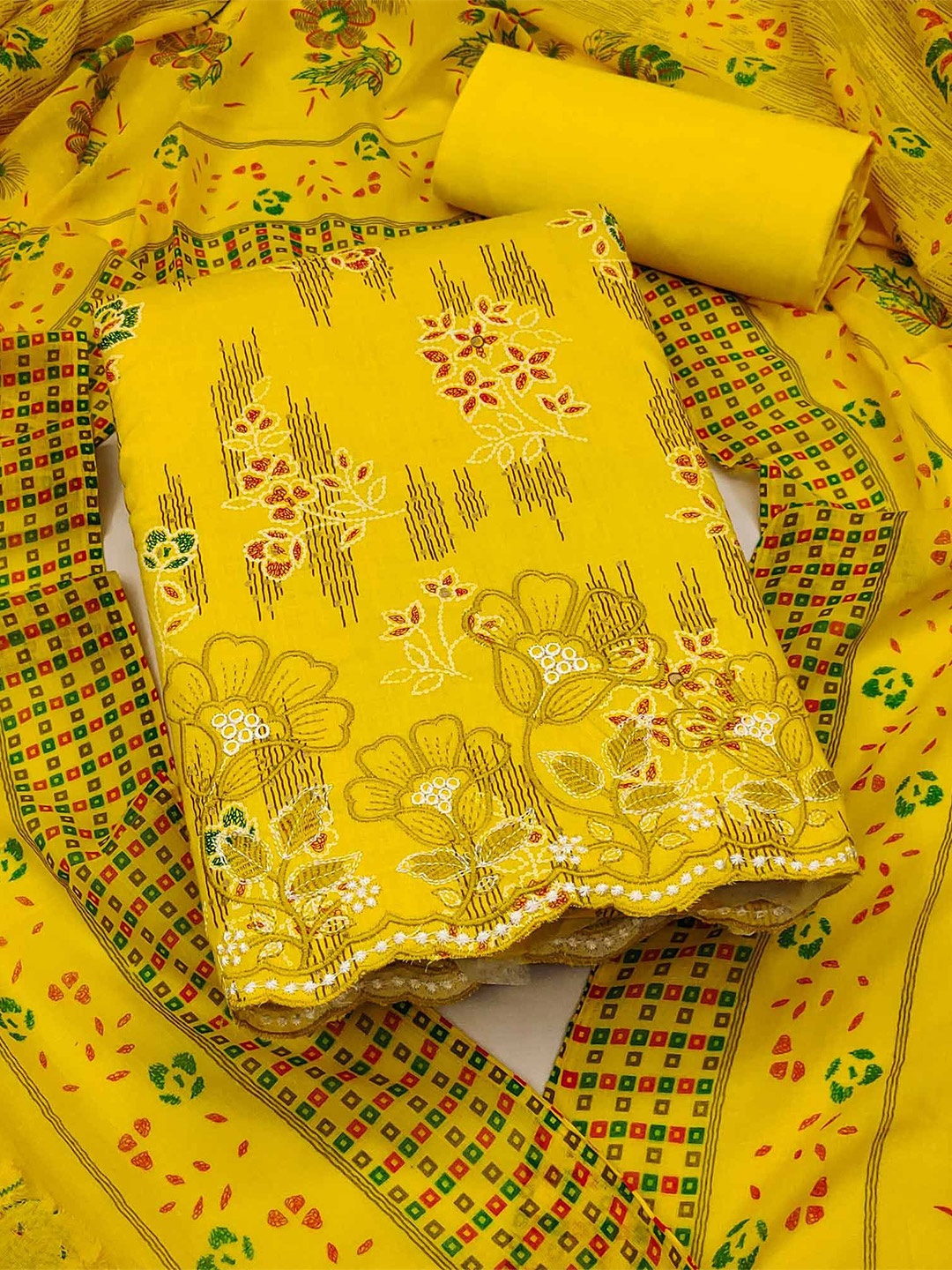 

Peachmode Embroidered Pure Cotton Unstitched Dress Material, Yellow