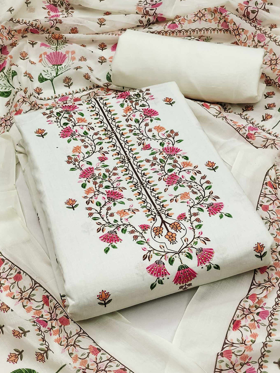 

Peachmode Printed Pure Cotton Unstitched Dress Material, Off white