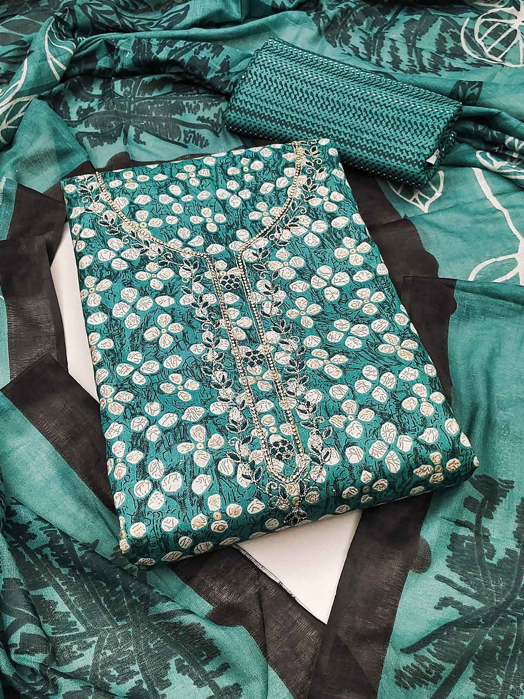 

Peachmode Printed Pure Cotton Unstitched Dress Material, Teal