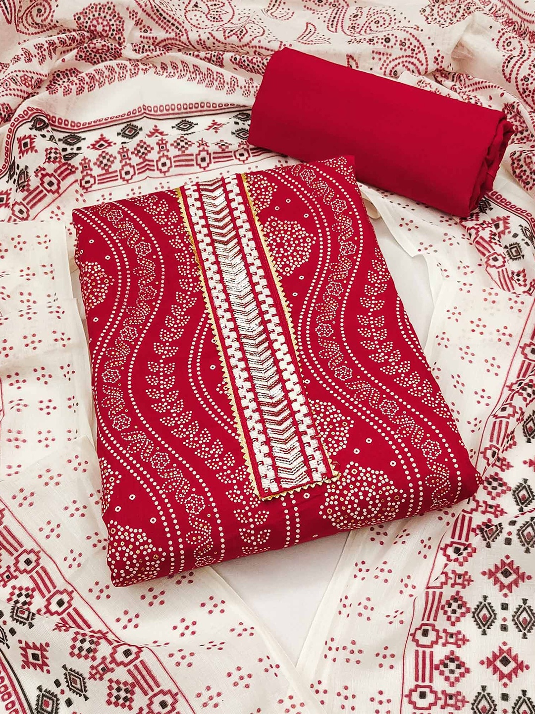 

Peachmode Printed Pure Cotton Unstitched Dress Material, Red