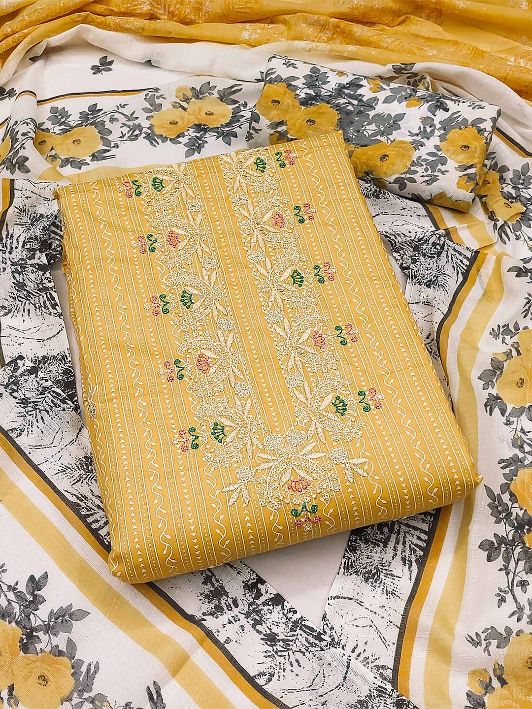 

Peachmode Printed Pure Cotton Unstitched Dress Material, Yellow
