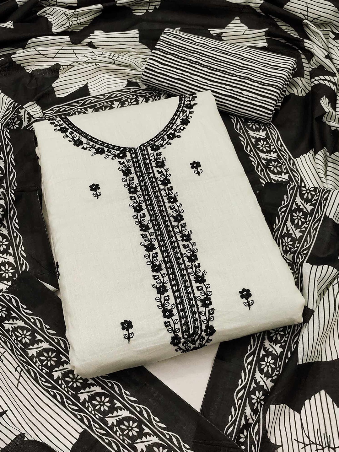 

Peachmode Embroidered Pure Cotton Unstitched Dress Material, Off white