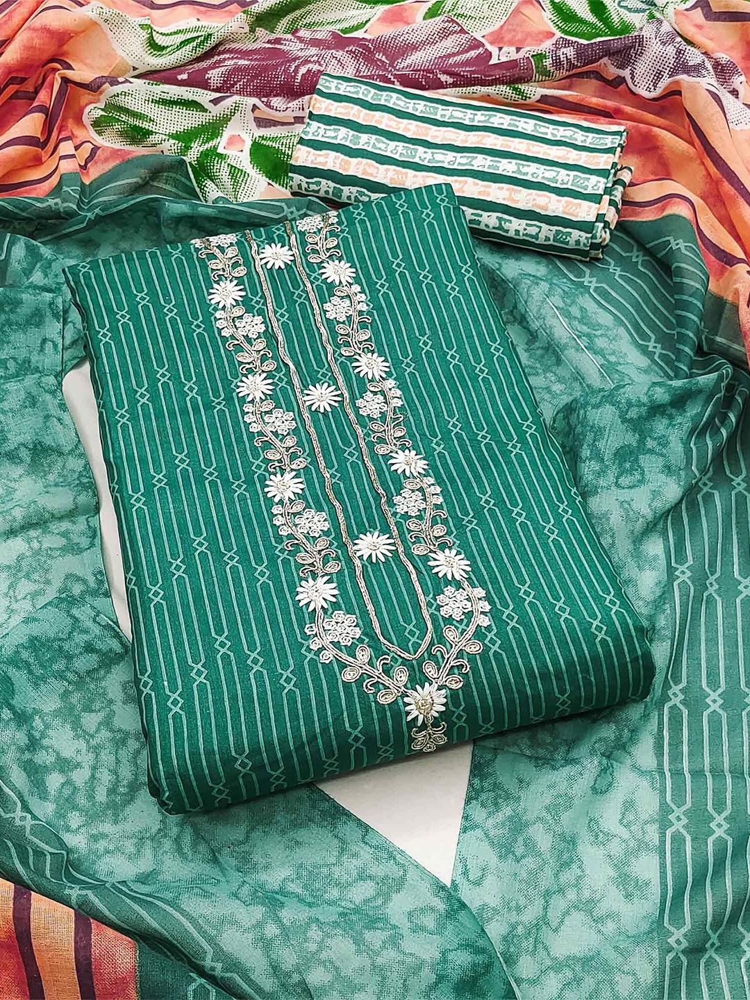 

Peachmode Printed Pure Cotton Unstitched Dress Material, Green