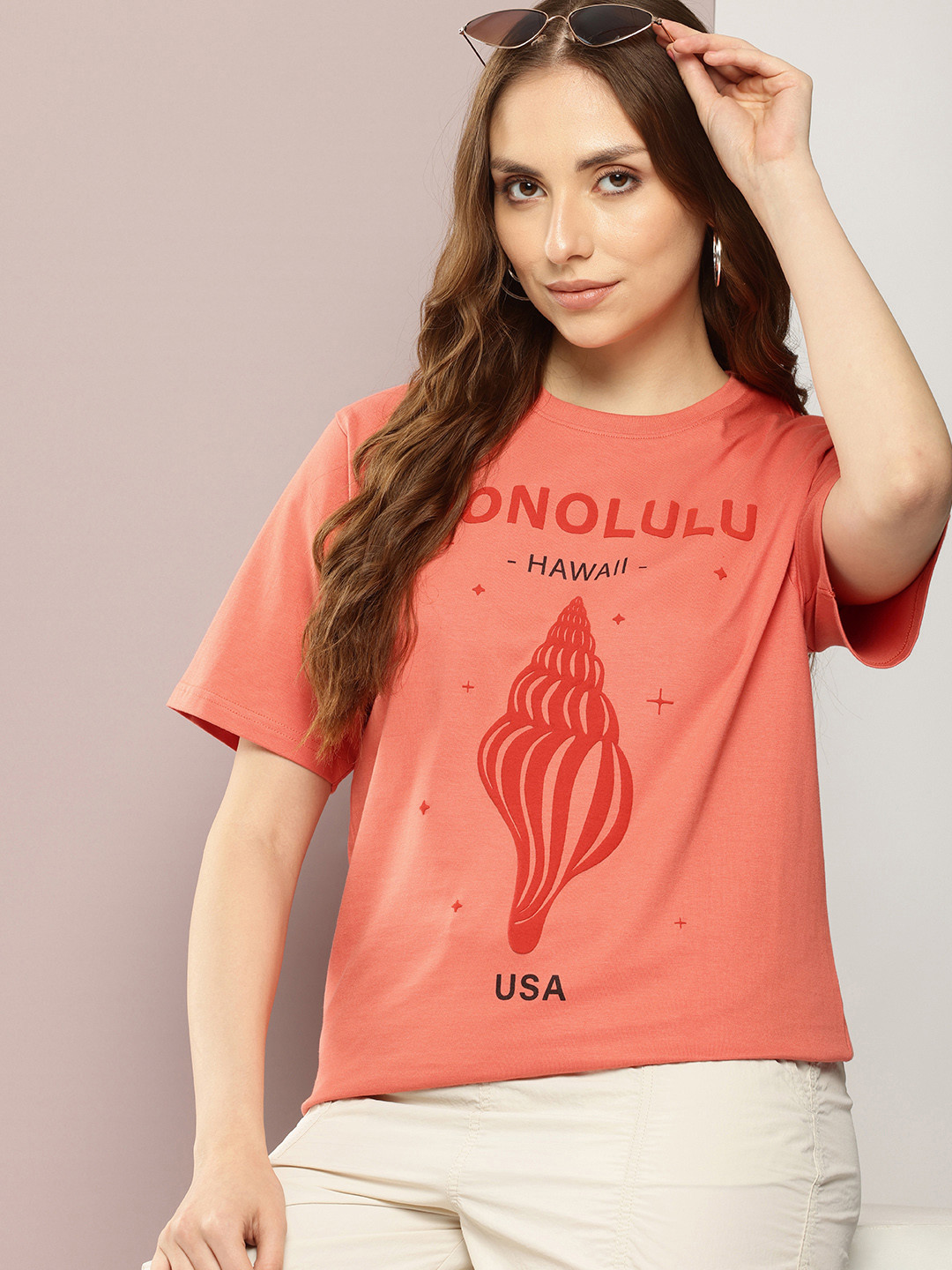 

Dillinger Women Graphic Printed Oversized T Shirt, Coral