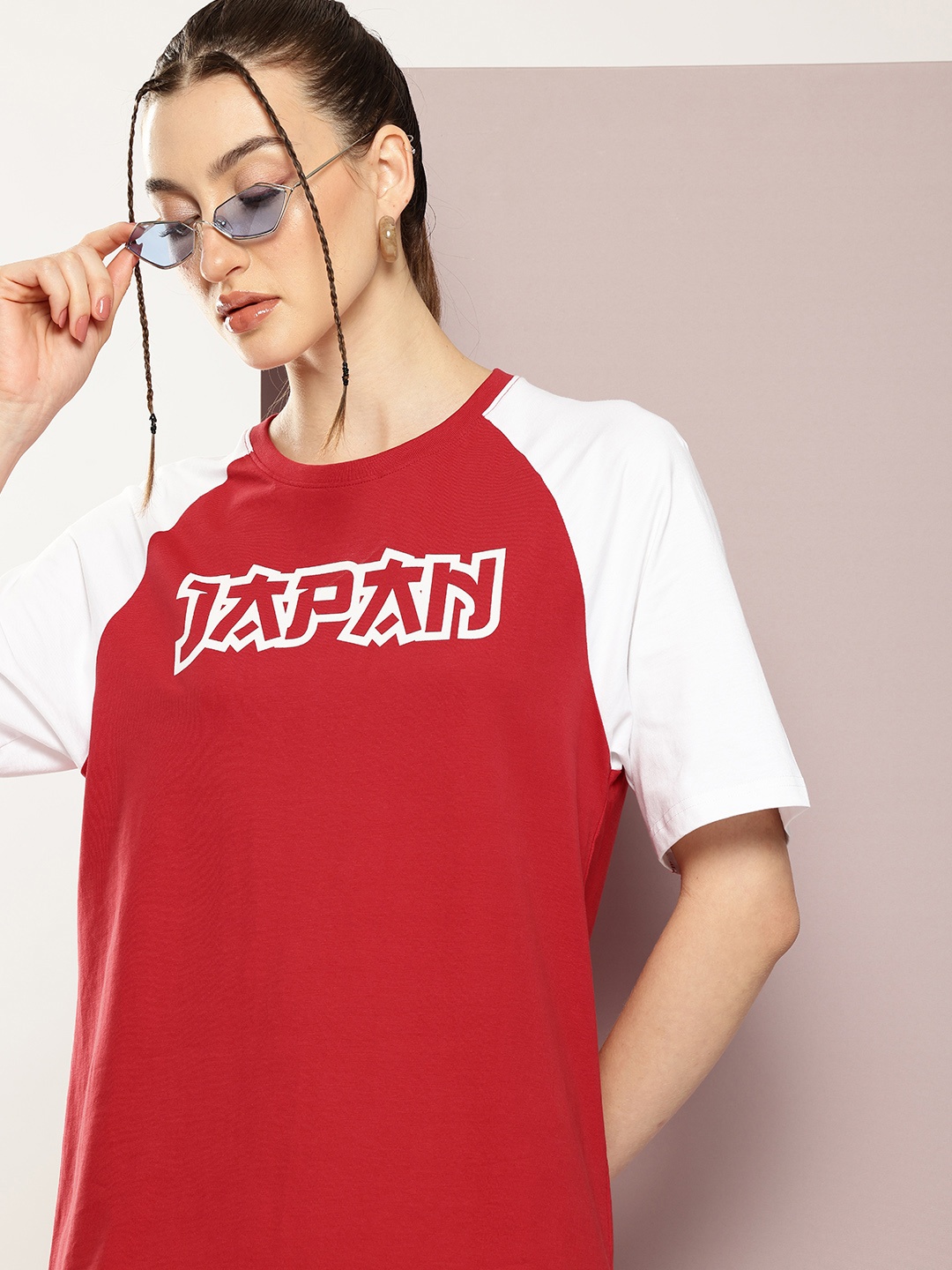 

DILLINGER Colourblocked Raglan Sleeves Oversized Pure Cotton T-shirt, Red