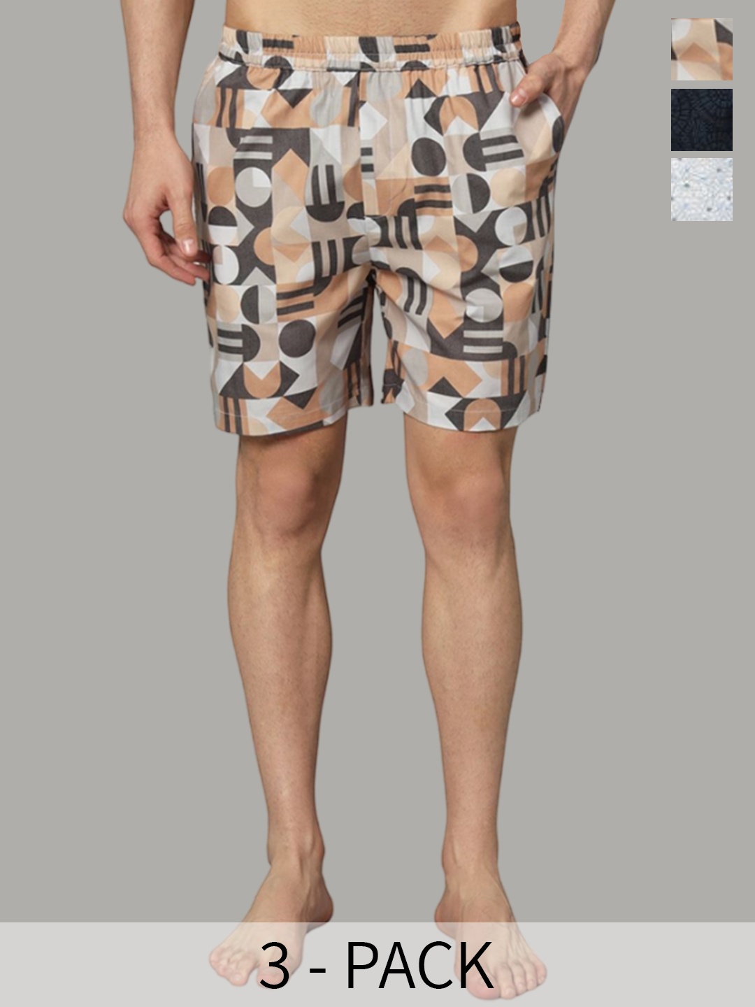 

OWO THE LABEL Men Pack Of 3 Pure Cotton Regular Fit Boxer Shorts, Beige