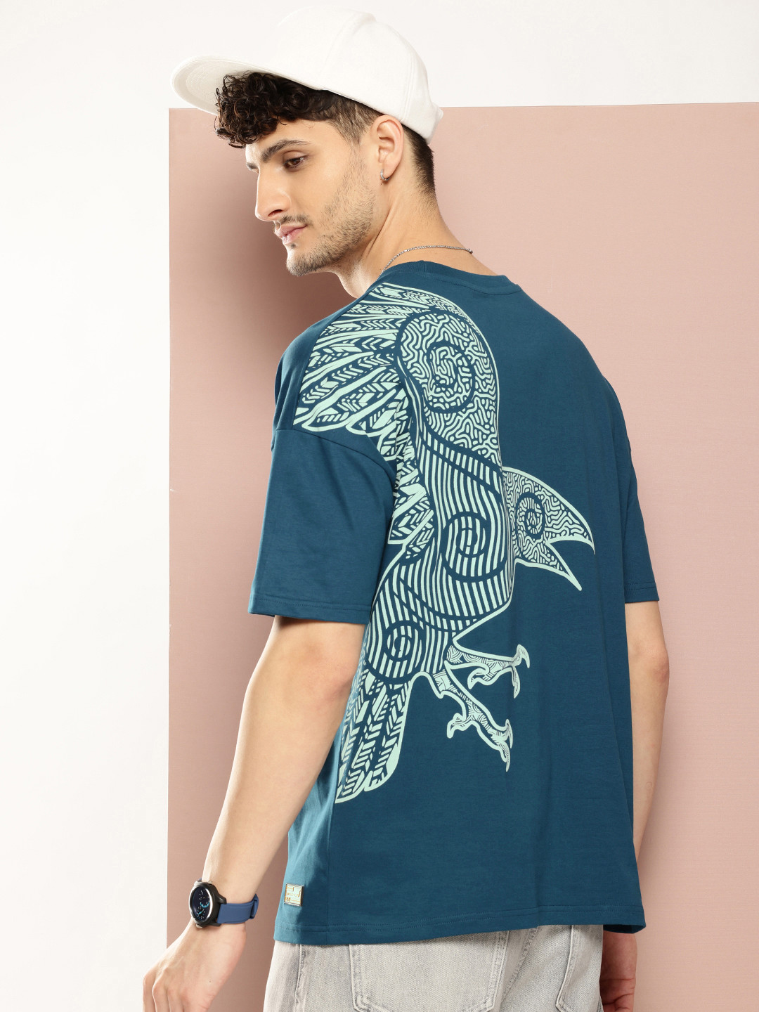 

Stormborn Men Graphic Printed Drop-Shoulder Sleeves Pure Cotton Oversized T-shirt, Blue