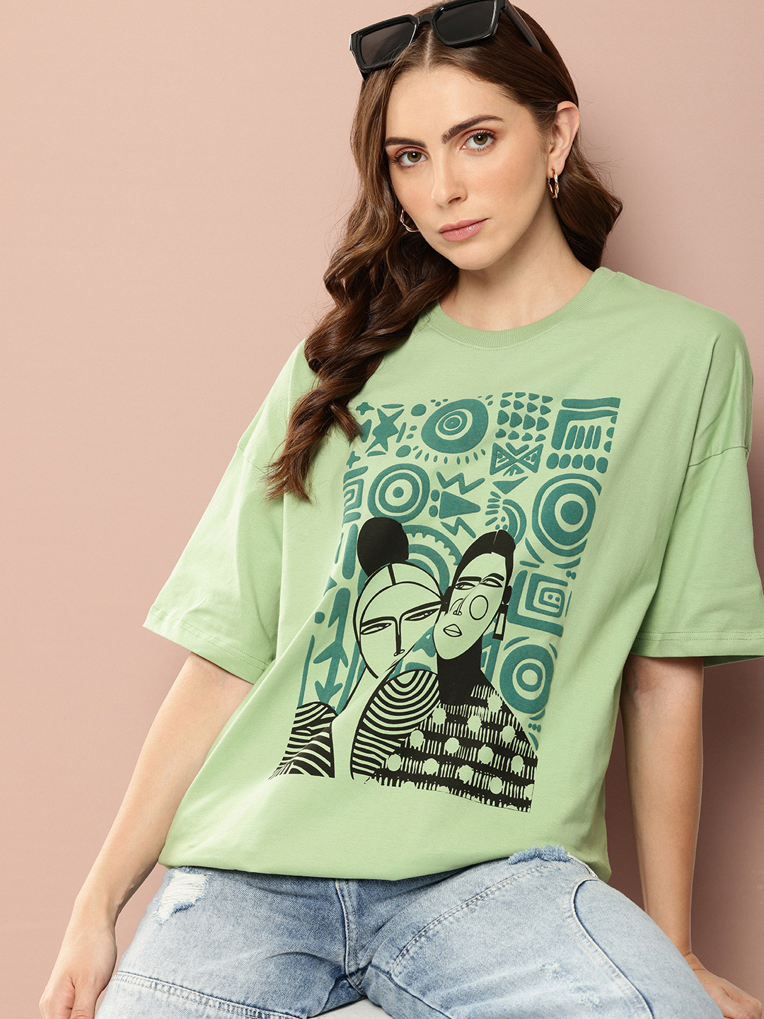 

Stormborn Printed Drop-Shoulder Sleeves Oversized Pure Cotton T-shirt, Green