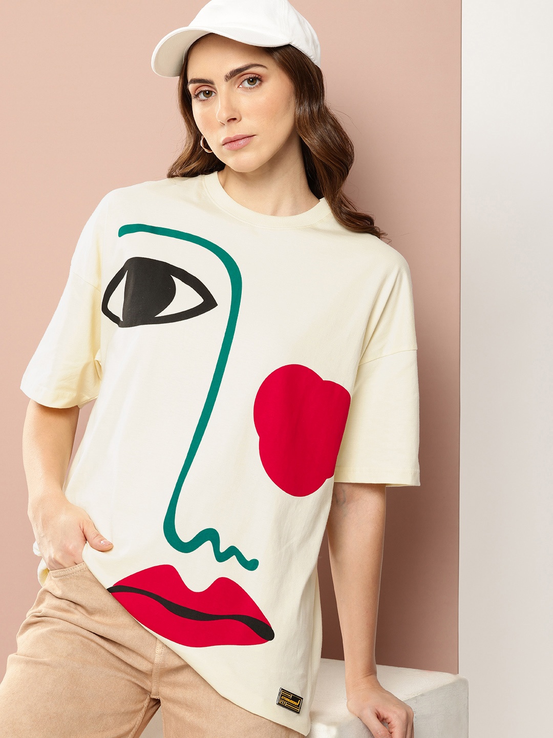 

Stormborn Printed Drop-Shoulder Sleeves Oversized Pure Cotton T-shirt, Off white