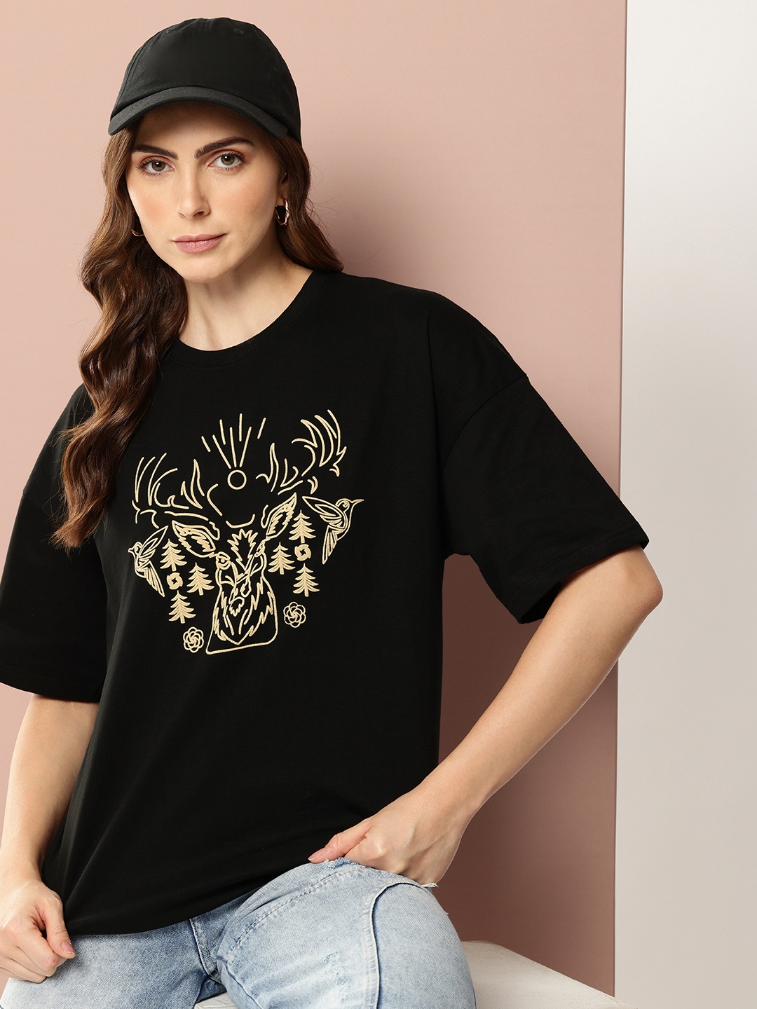 

Stormborn Printed Drop-Shoulder Sleeves Oversized Pure Cotton T-shirt, Black