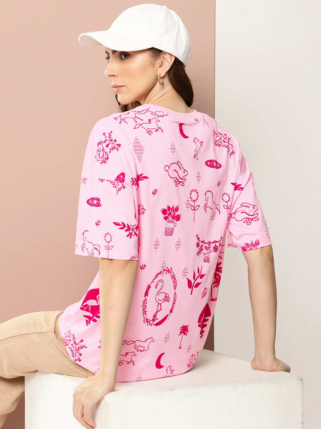 

Stormborn Printed Drop-Shoulder Sleeves Oversized Pure Cotton T-shirt, Pink