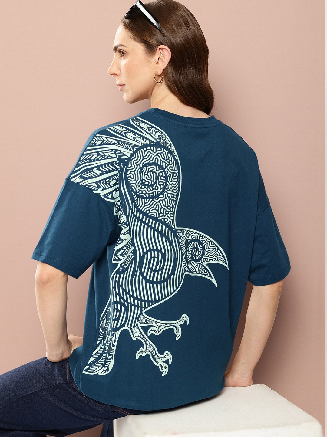 

Stormborn Printed Drop-Shoulder Sleeves Oversized Pure Cotton T-shirt, Blue