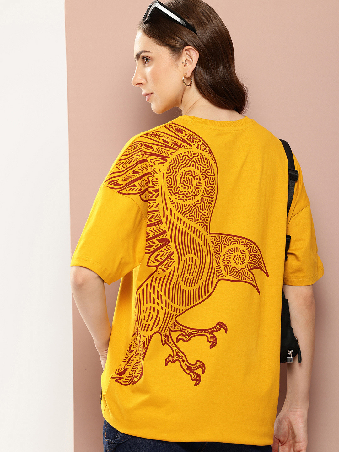 

Stormborn Printed Drop-Shoulder Sleeves Oversized Pure Cotton T-shirt, Mustard