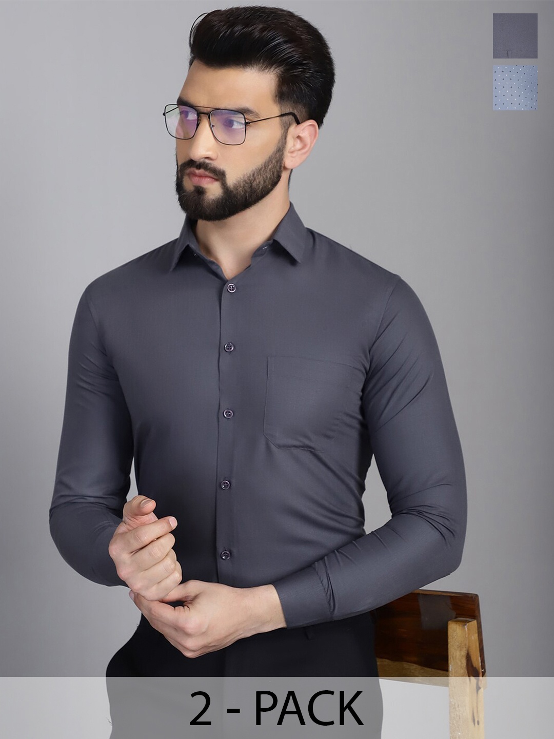 

Indian Needle Pack Of 2 Classic Spread Collar Formal Shirts, Grey