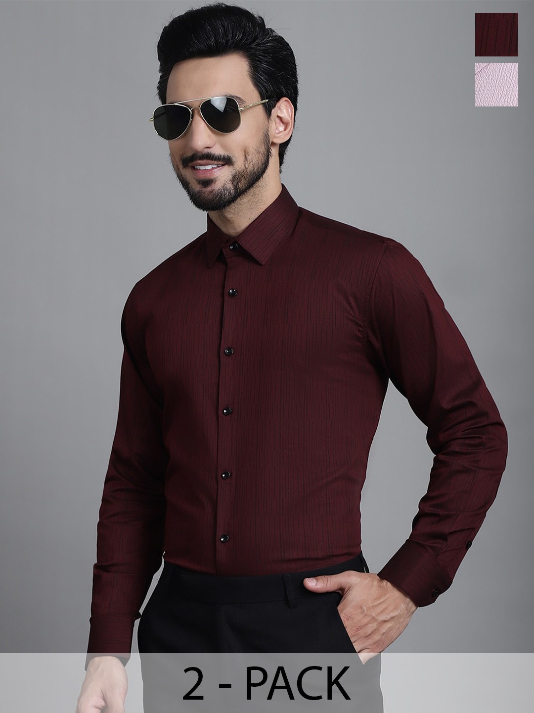 

Indian Needle Pack Of 2 Classic Textured Self Design Spread Collar Formal Shirts, Maroon