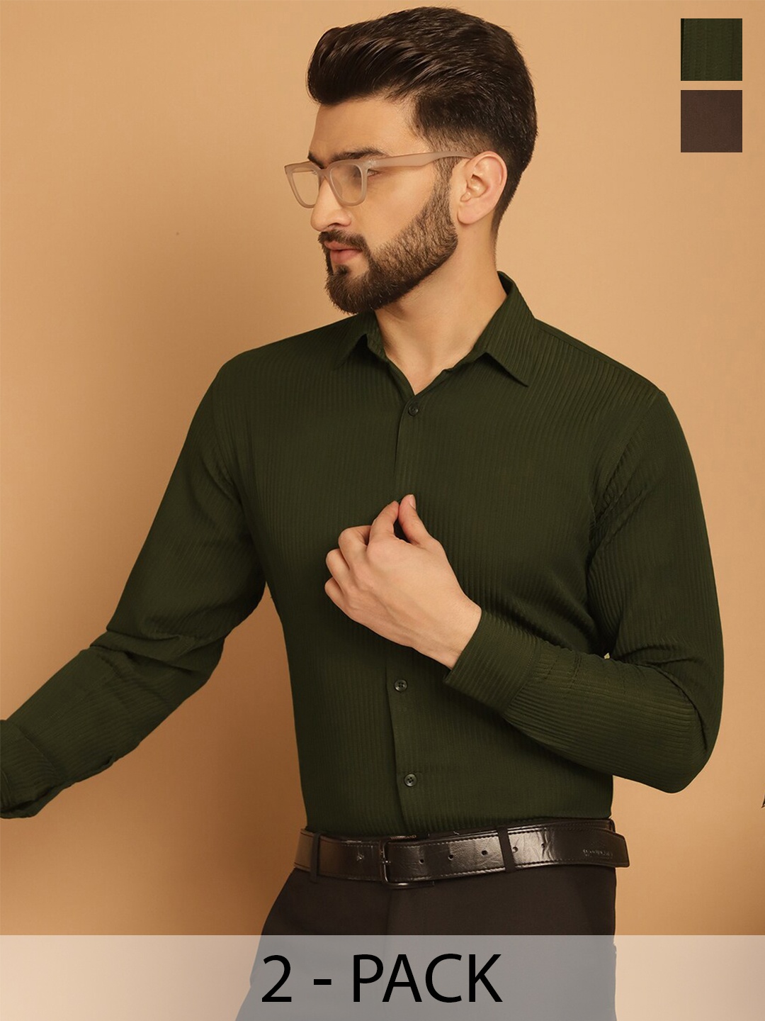 

Indian Needle Pack Of 2 Classic Spread Collar Formal Shirts, Coffee brown