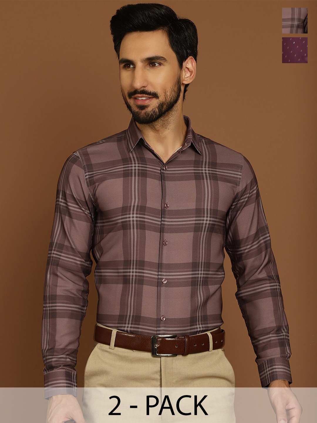 

Indian Needle Pack Of 2 Classic Checked Formal Shirts, Maroon